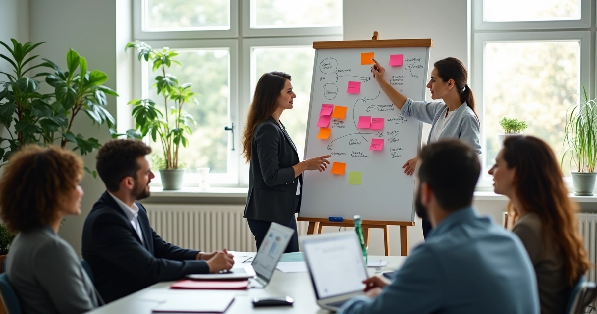 Equipe empresarial em sala de reunião analisando alternativas colaborativas em quadro branco 