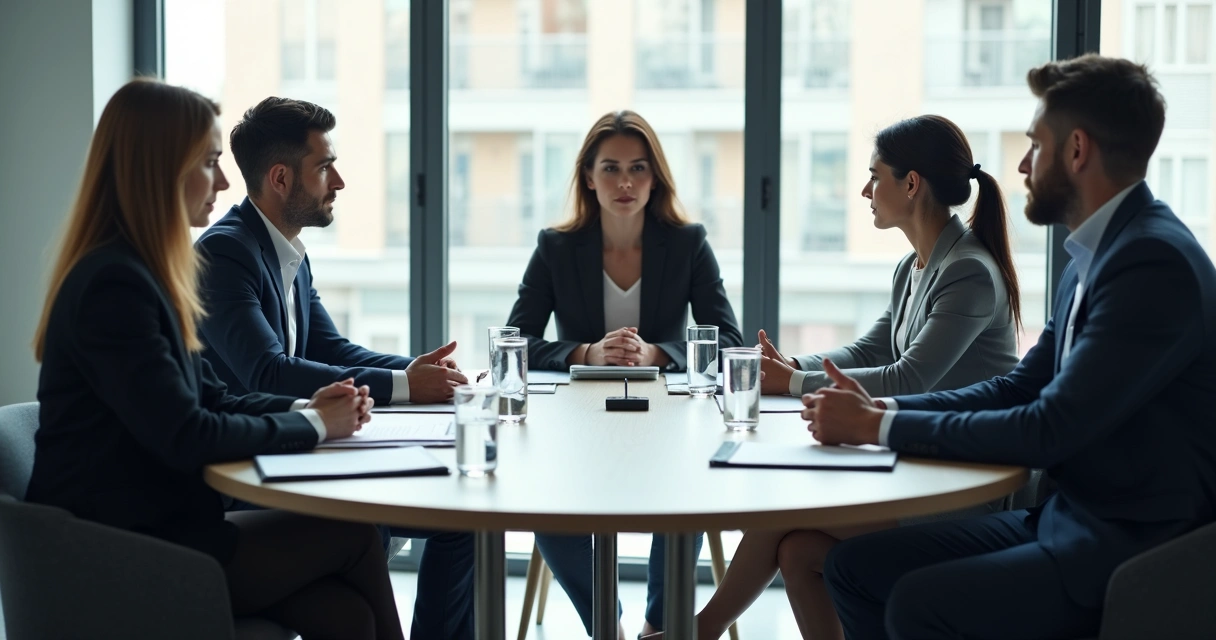 Reunião de mediação corporativa com equipe em mesa redonda 