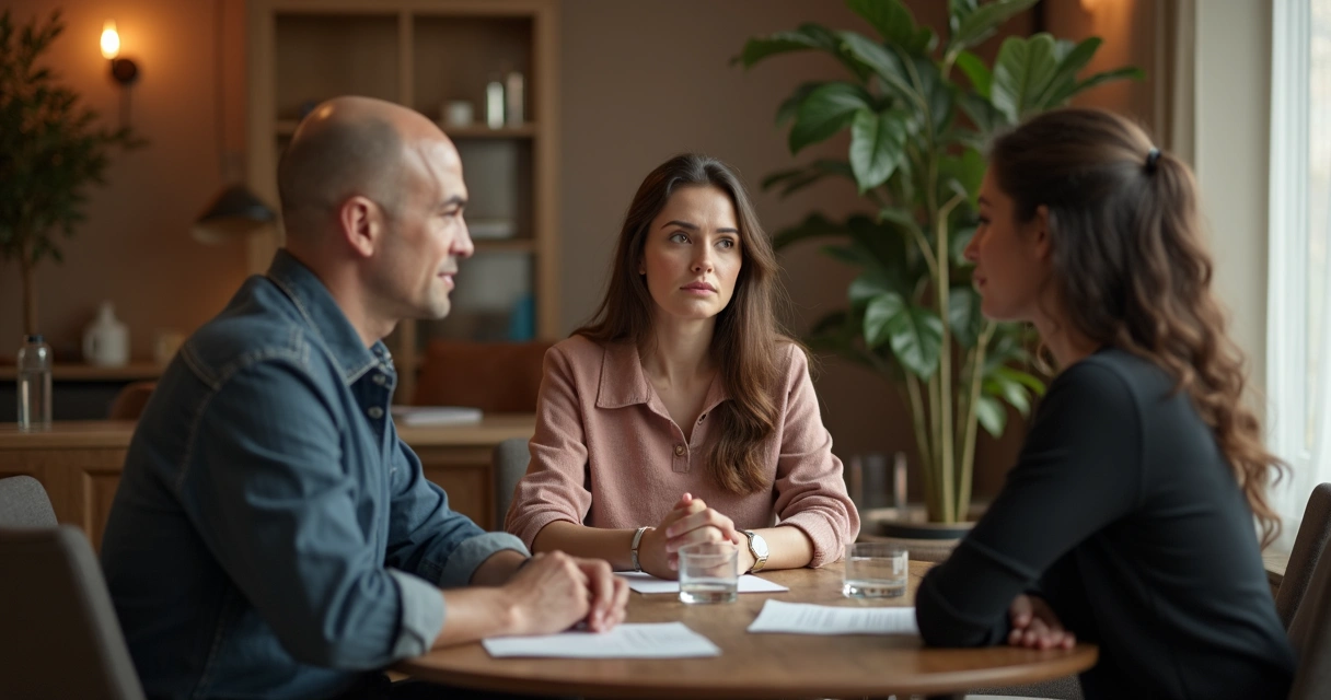 Duas pessoas em mediação com terceira pessoa facilitando conversa 