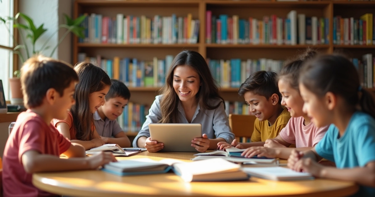 Crianças e jovens lendo livros juntos em ambiente escolar acolhedor com mediador presente 