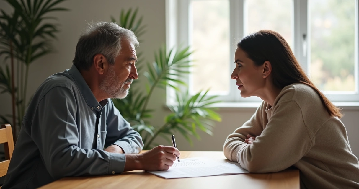 Duas pessoas em uma sessão de mediação familiar, conversando com serenidade 