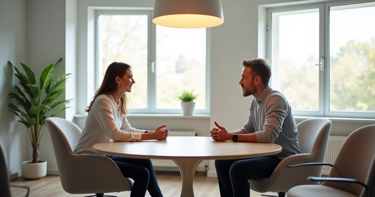 Duas pessoas sentadas frente a frente em uma sala clara, conversando e ouvindo com atenção 