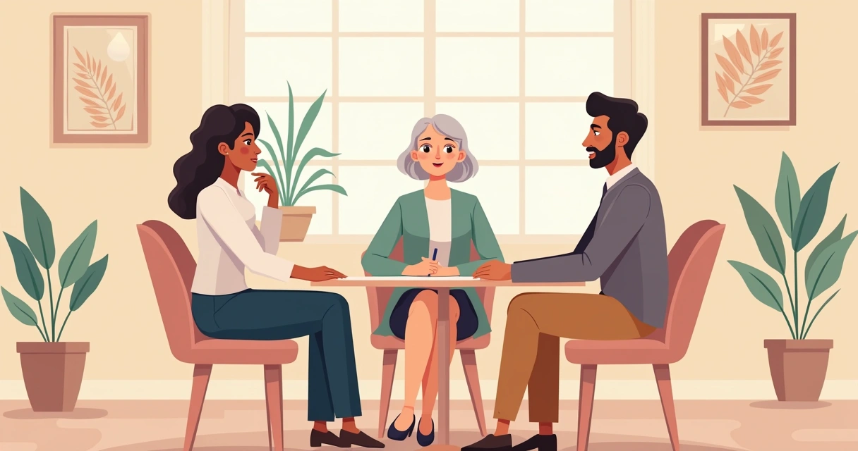 Casal em mediação com advogado, ambiente tranquilo, mesa redonda, plantas, luz suave
