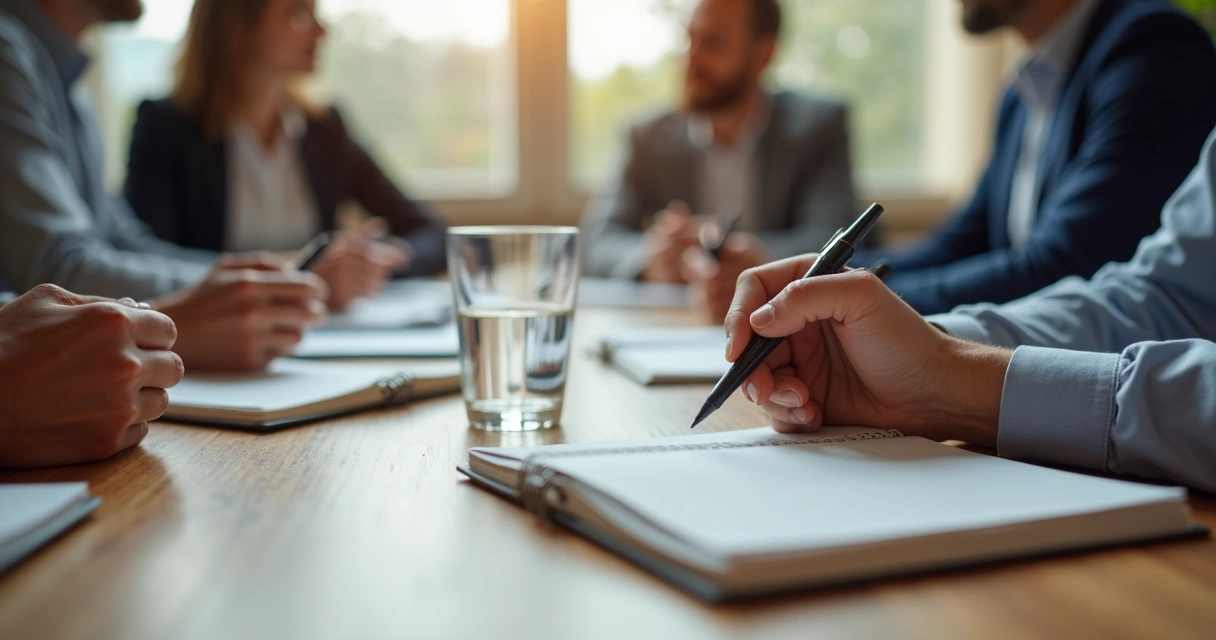 Mãos apoiadas sobre mesa em reunião de mediação