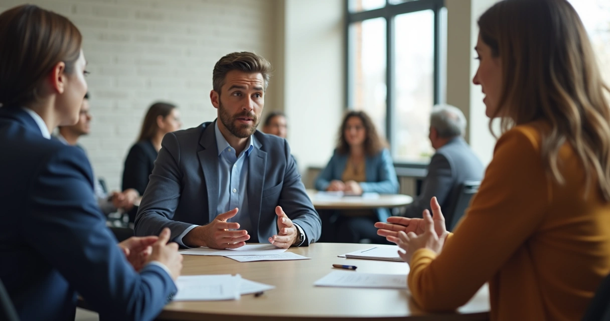 Duas pessoas dialogando com mediação em reunião