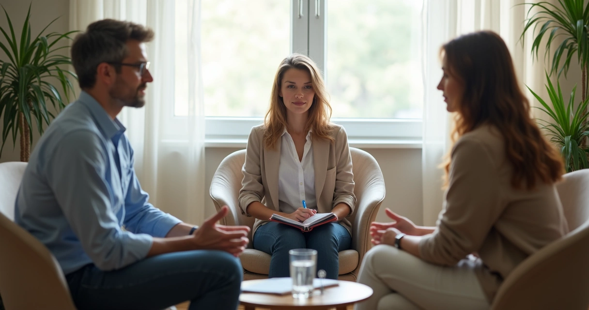 Mediador e duas pessoas em conversa respeitosa em sala clara 