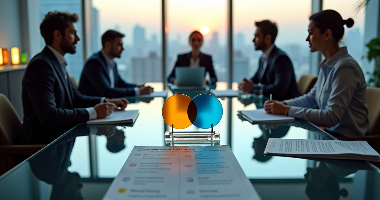 Profissionais mediando conflito ético em escritório ao redor de mesa de vidro 
