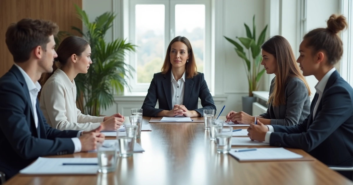 Mesa de mediação familiar com advogada orientando casal e crianças 