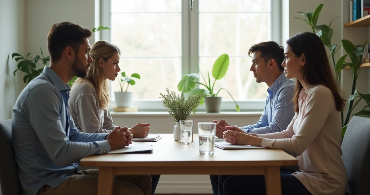 Duas pessoas conversando com mediador em ambiente acolhedor