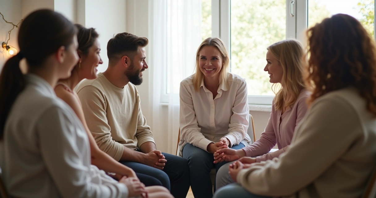 Terapeuta mediando conversa entre familiares sentados em círculo 