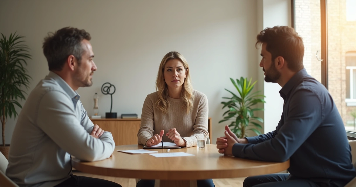 Mediador guiando duas pessoas em conflito em mesa redonda com luz suave ao fundo 