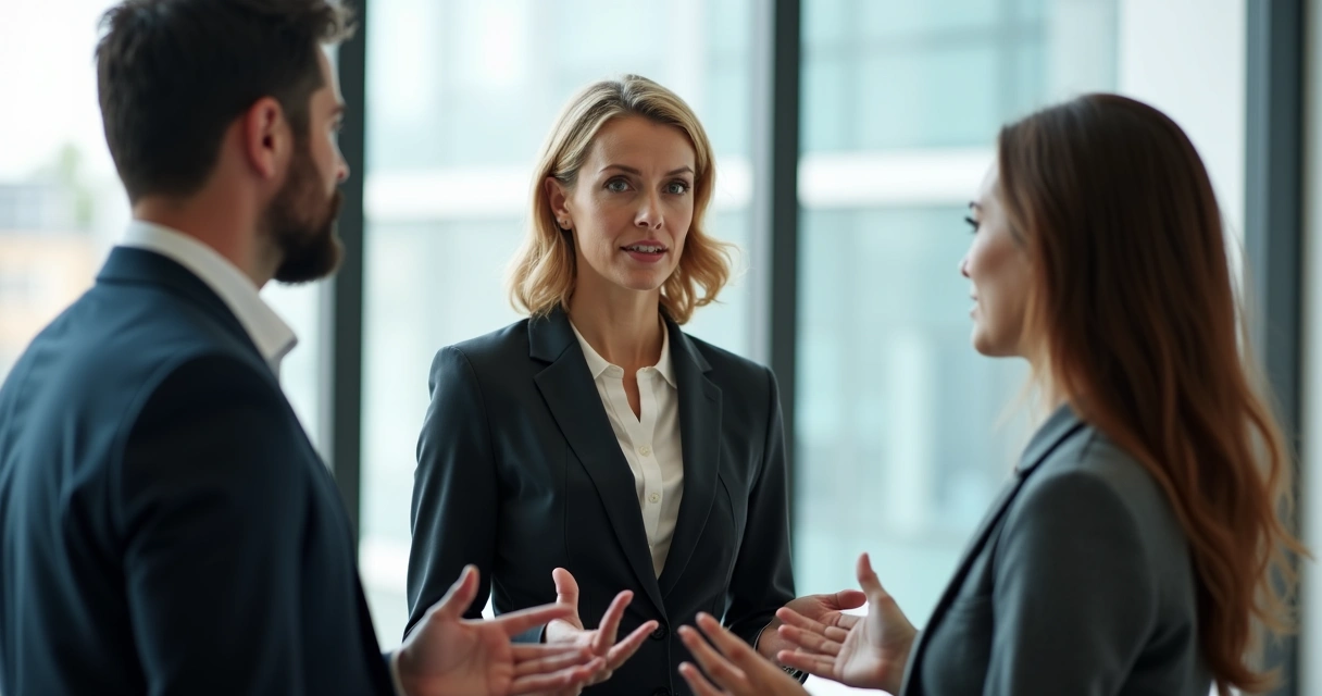 Líder intermediando conversa entre dois colaboradores 