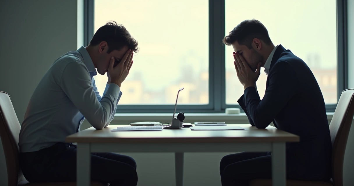 Duas pessoas sentadas olhando para baixo em momento de silêncio antes de resolver conflito