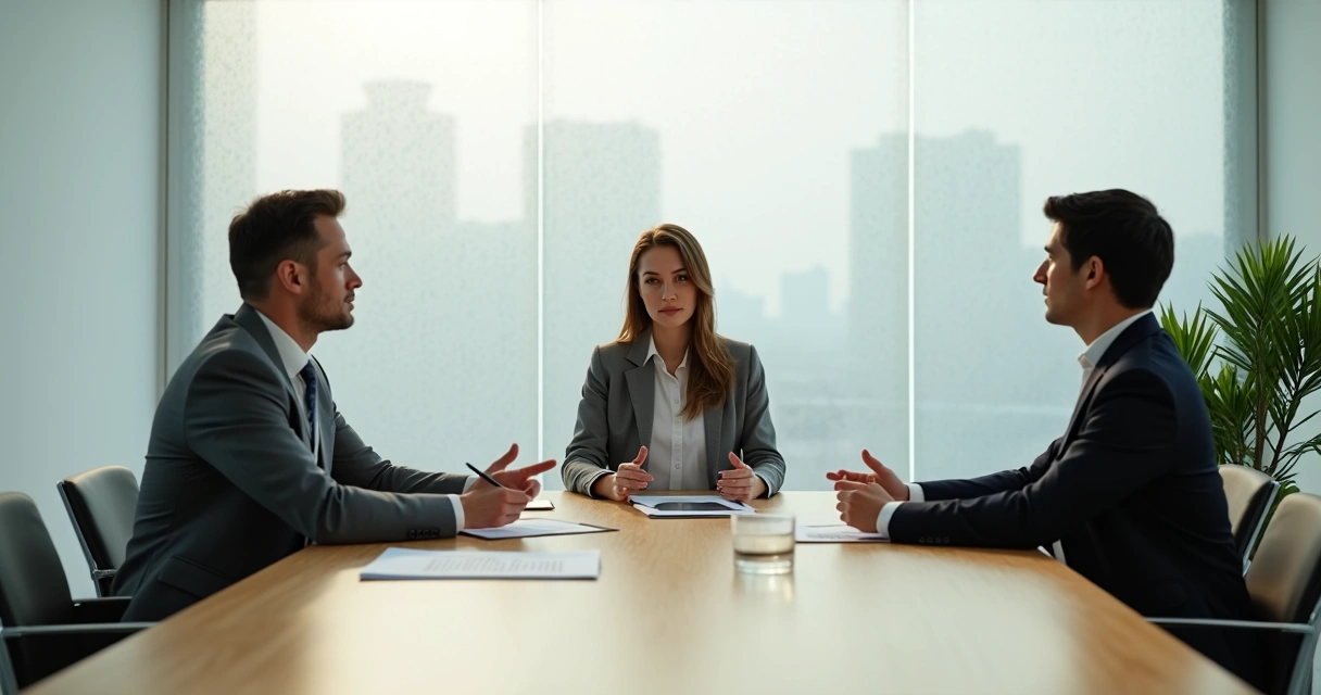 Mesa de mediação com três pessoas em acordo e advogada facilitando a conversa 