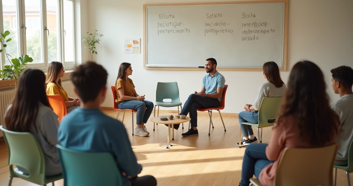 Mediador em roda com estudantes organizando mediação calma na escola 