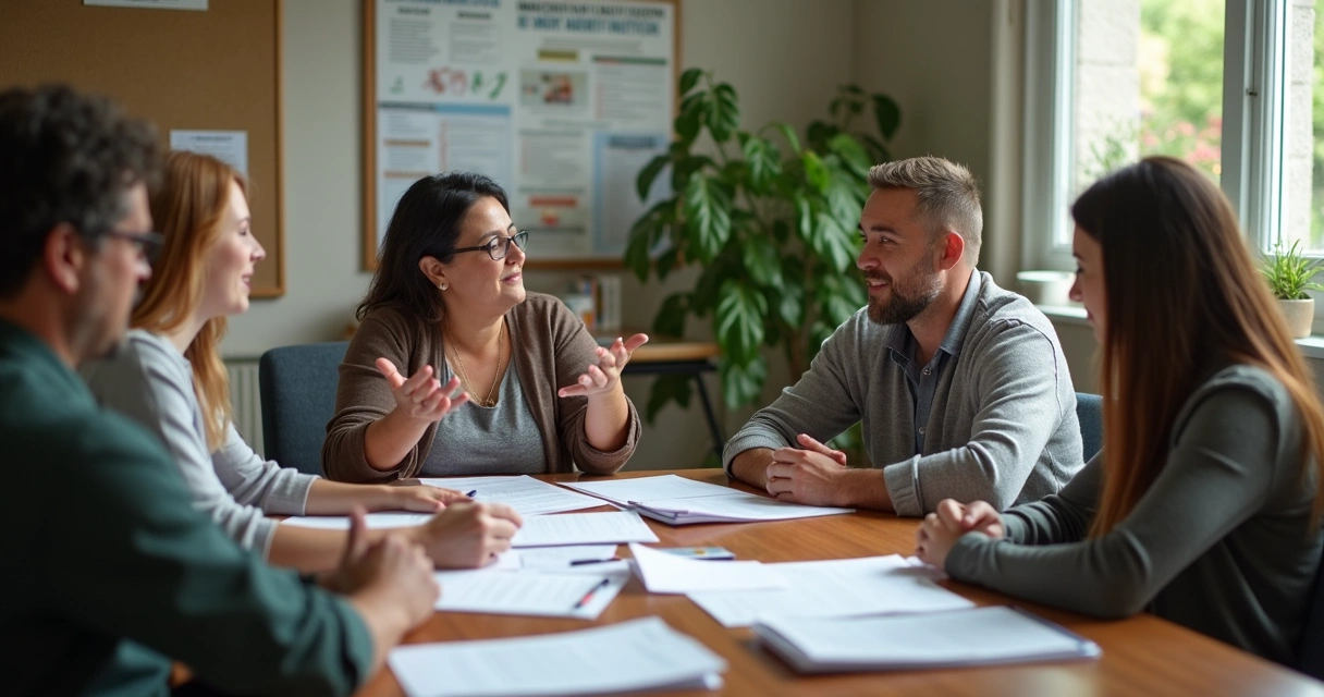 Mesa de mediación comunitaria con documentos y diálogo 