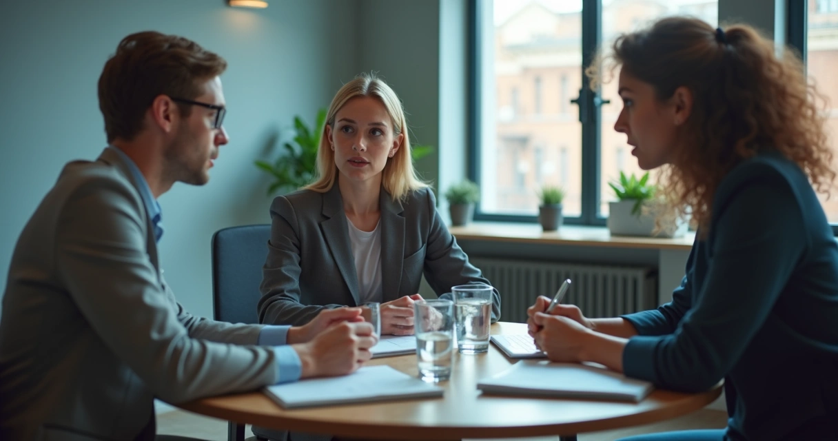 Dos colegas dialogan con apoyo de una mediadora en oficina 