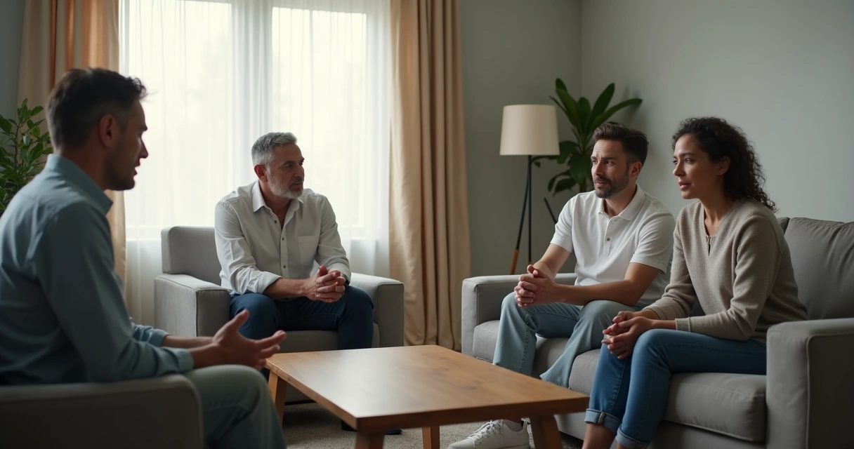 Tres familiares conversando con distancia y tensión en una sala
