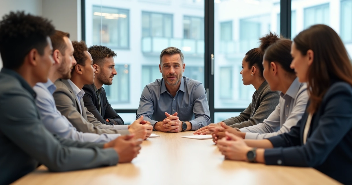 Personas sentadas en torno a una mesa, conversando y escuchando con atención, una figura apoya ambas manos sobre la mesa simbolizando mediación 