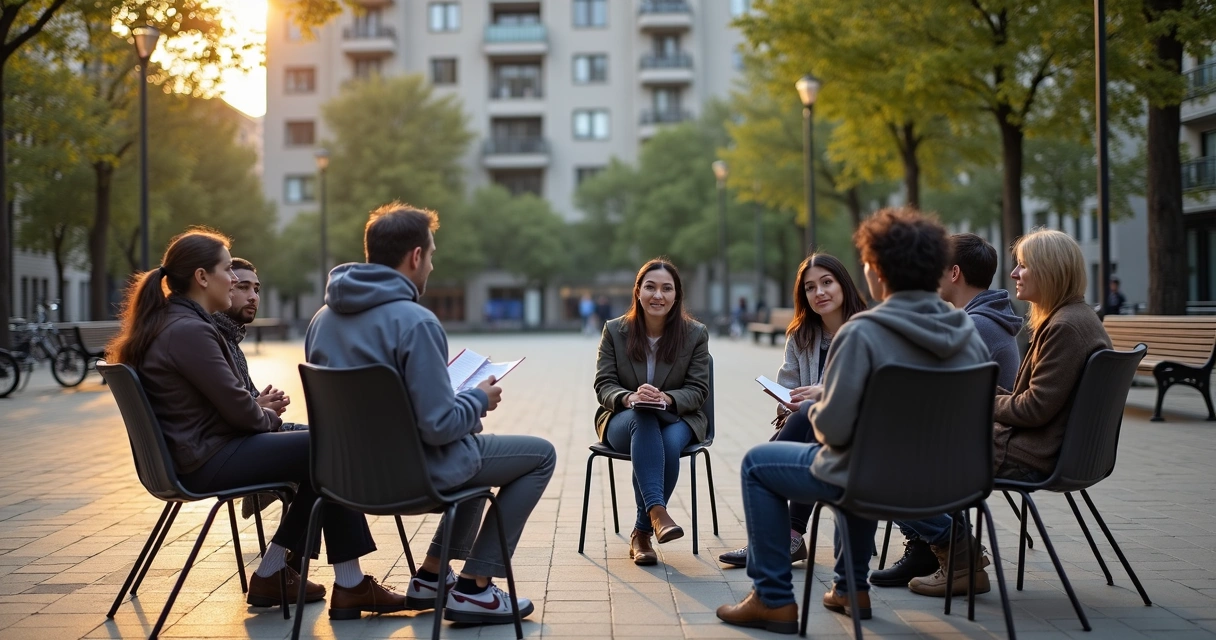 Vecinos reunidos en mediación en una plaza urbana 