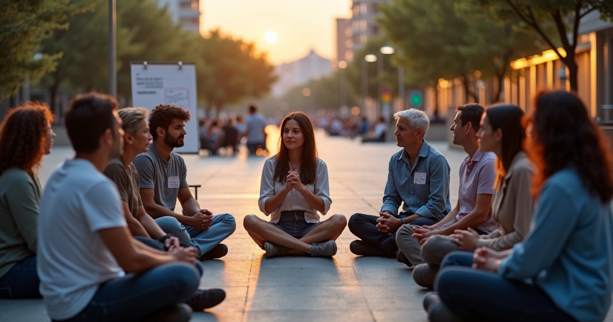 Personas dialogando en círculo con un mediador en un espacio urbano 