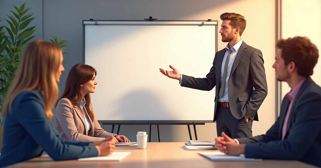 Mediador conduzindo assembleia com quadro branco 