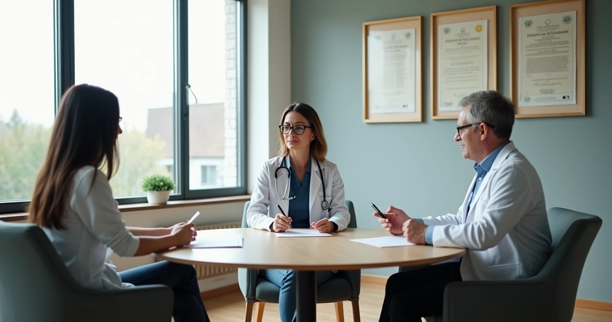 Câmara de mediação com três pessoas mediando acordo entre médico e paciente 