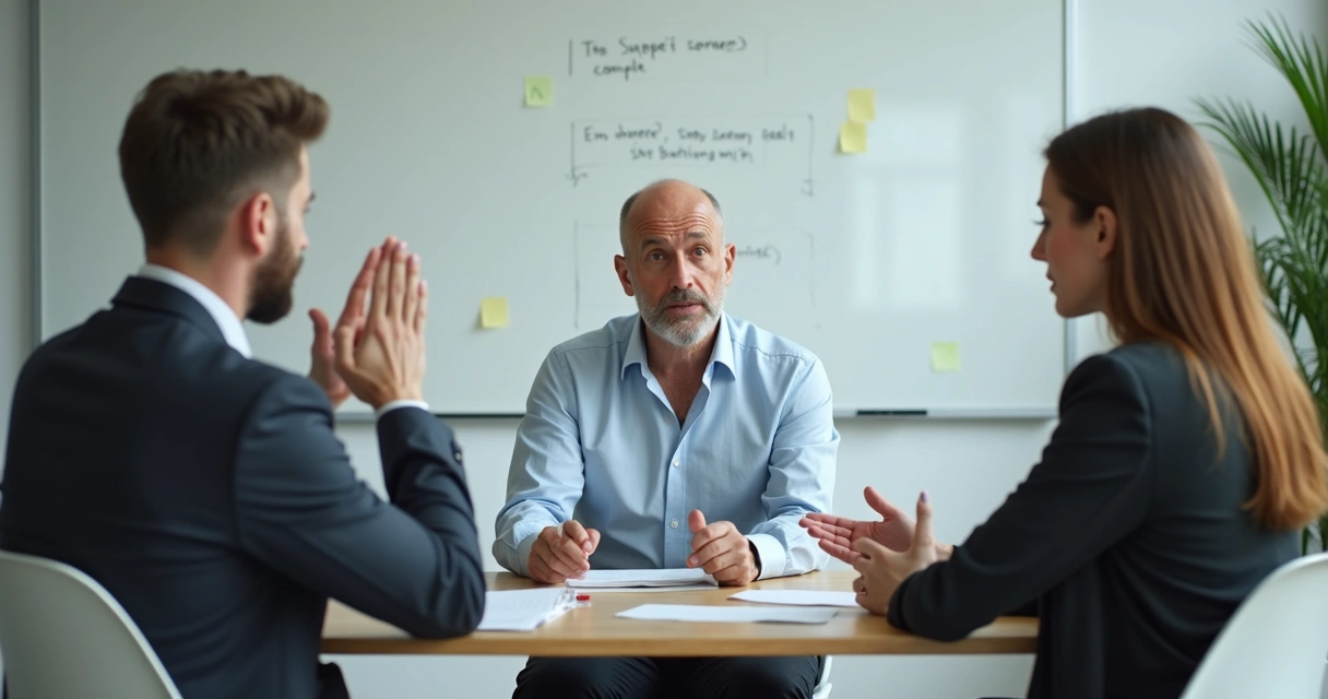 Mediador orientando duas pessoas em conflito durante reunião 