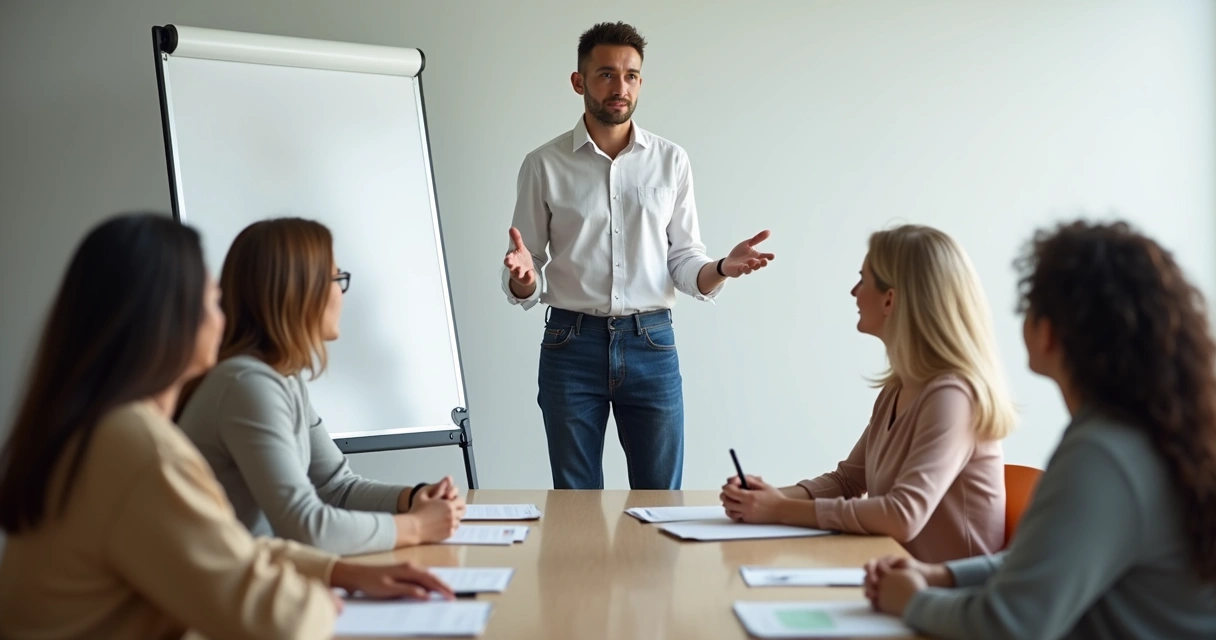 Facilitador conduzindo constelação sistêmica em sala 