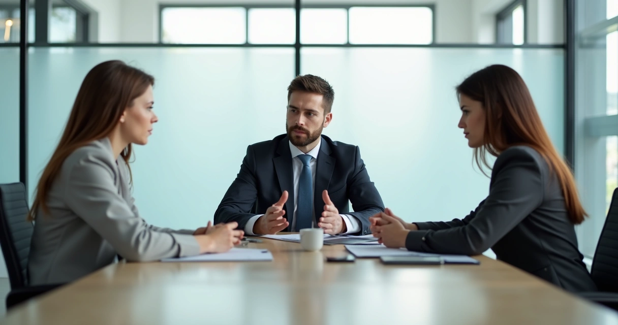 Profissional mediando conversa entre colegas em reunião 