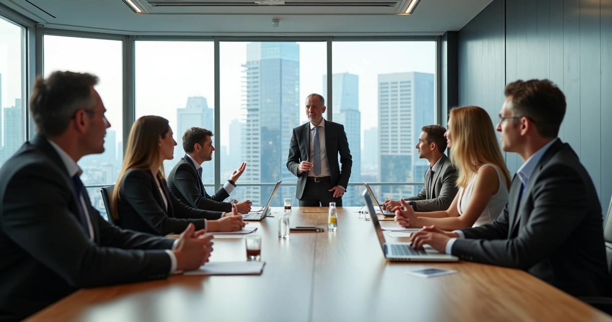 Sala de reunião com equipe empresarial ao redor da mesa e mediador conduzindo discussão calma 