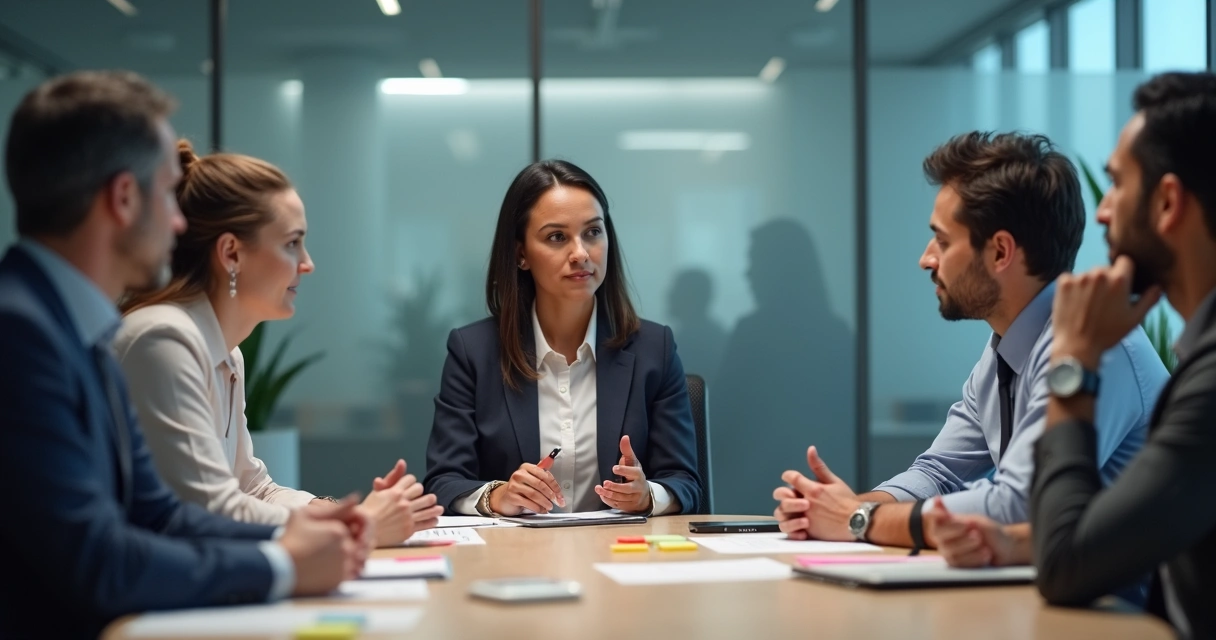 Mediador facilitando diálogo en mesa redonda de equipo de trabajo 