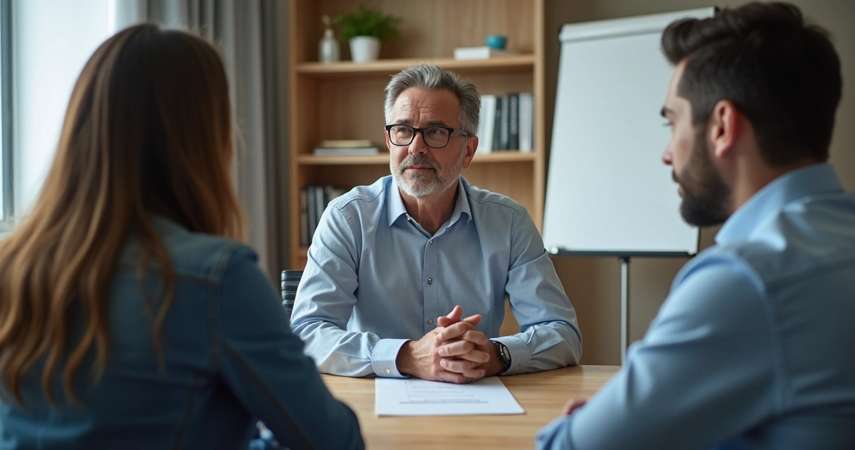 Mediador facilitando diálogo entre compañeros en despacho