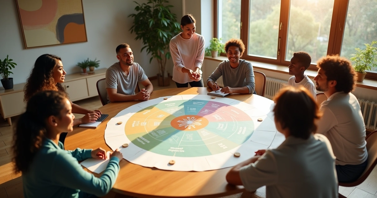 Mediador guiando a grupo diverso alrededor de una mesa redonda con mapa de emociones 