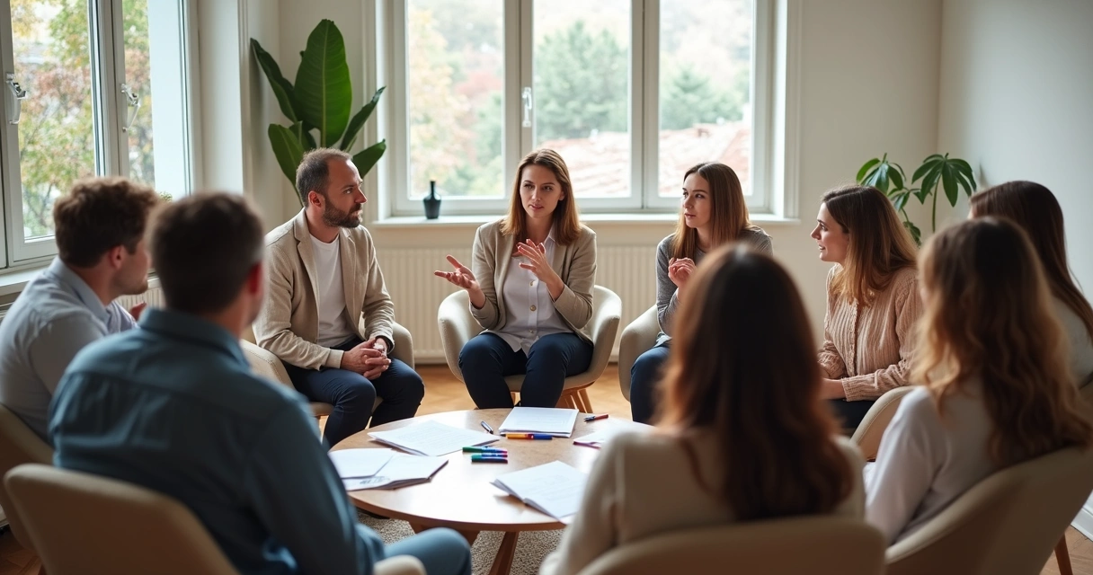 Mediador facilitando conversación grupal en círculo 