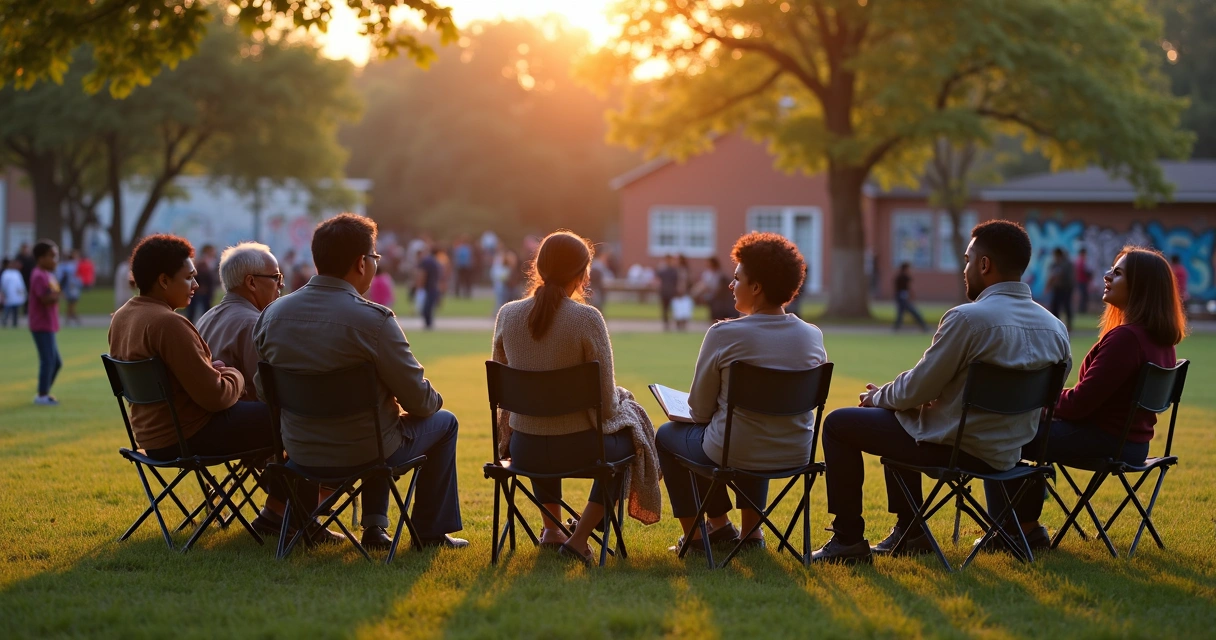 Pessoas reunidas em círculo em uma praça, conversando de forma colaborativa 