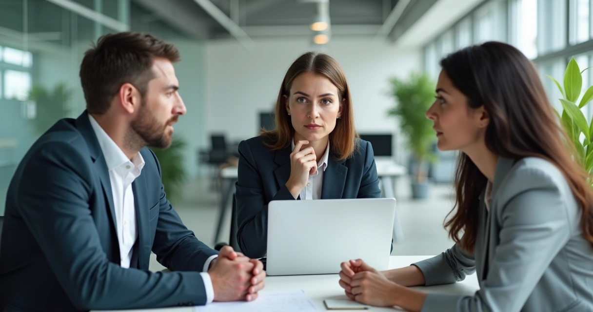 Dois colegas mediados por líder em ambiente de trabalho durante conversa 