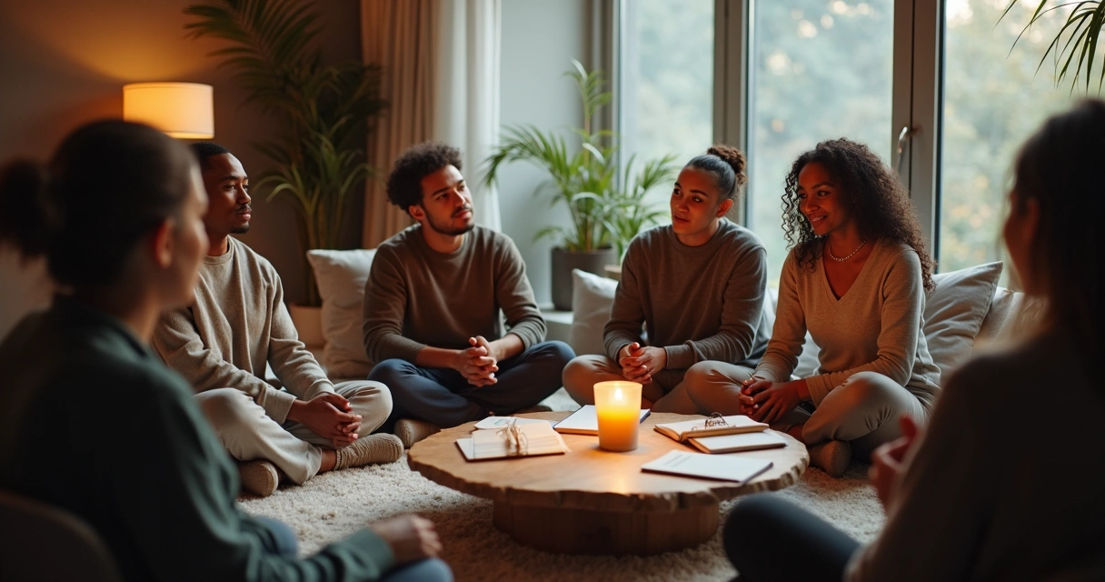 Group of people sitting in a circle for mediation session 