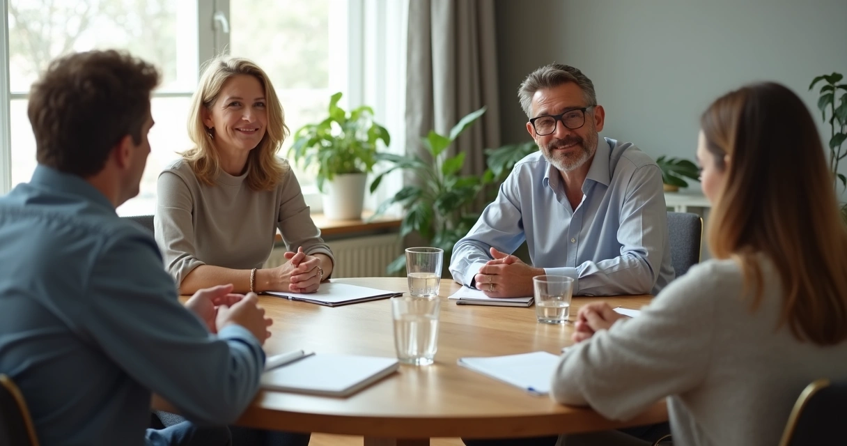 People in a calm mediation meeting at a round table 