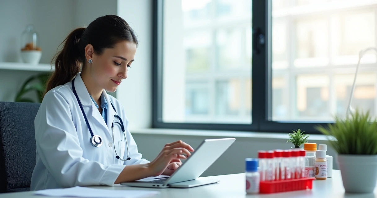 Médica analisando amostras laboratoriais em um consultório moderno