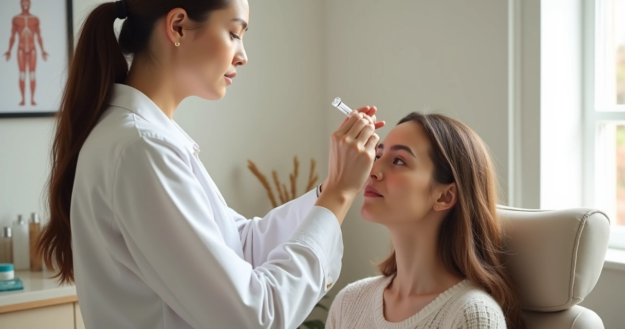 Médica aplica botox na testa de paciente em consultório elegante 
