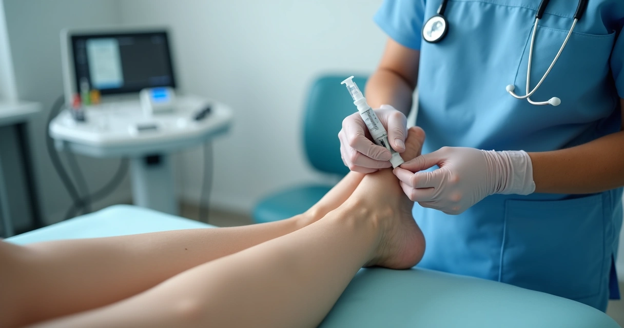 Médica aplicando escleroterapia em paciente com varizes 