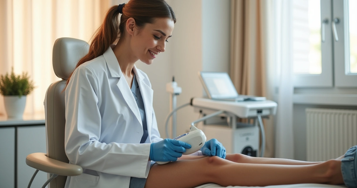 Médica aplicando técnica moderna de tratamento para varizes em paciente na clínica em Campinas 