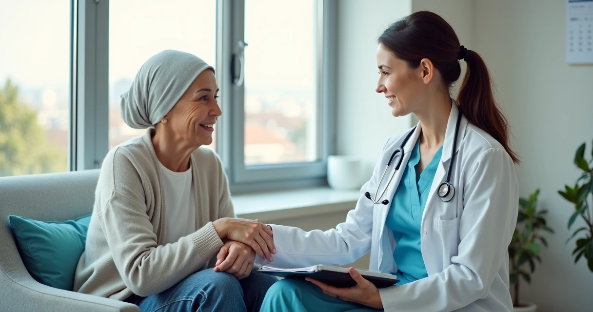 Médica oncologista confortando paciente com câncer em consultório acolhedor 