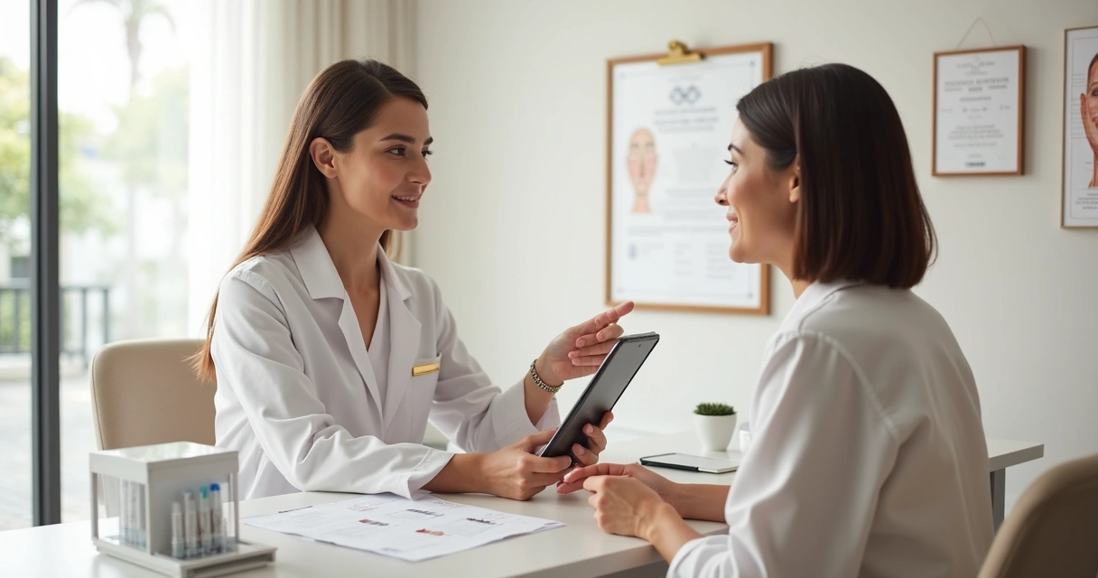 Médica analisando rosto de paciente em sala de avaliação estética clara e organizada 