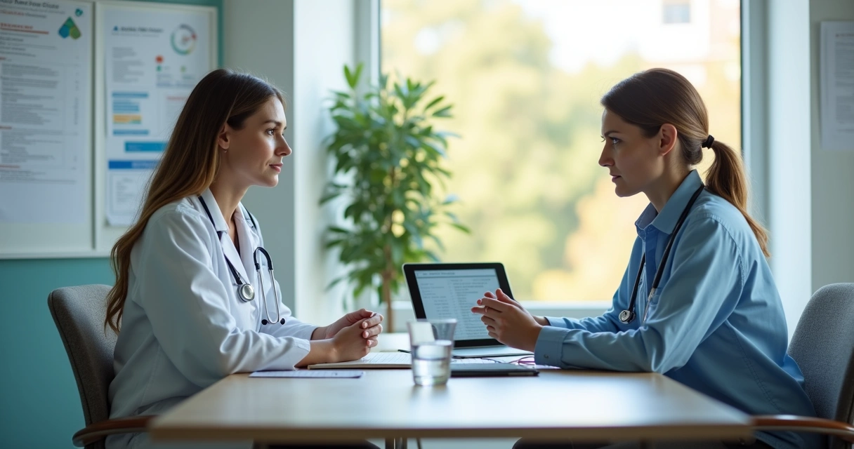 Médica oncologista conversando com paciente em ambiente acolhedor de consultório 