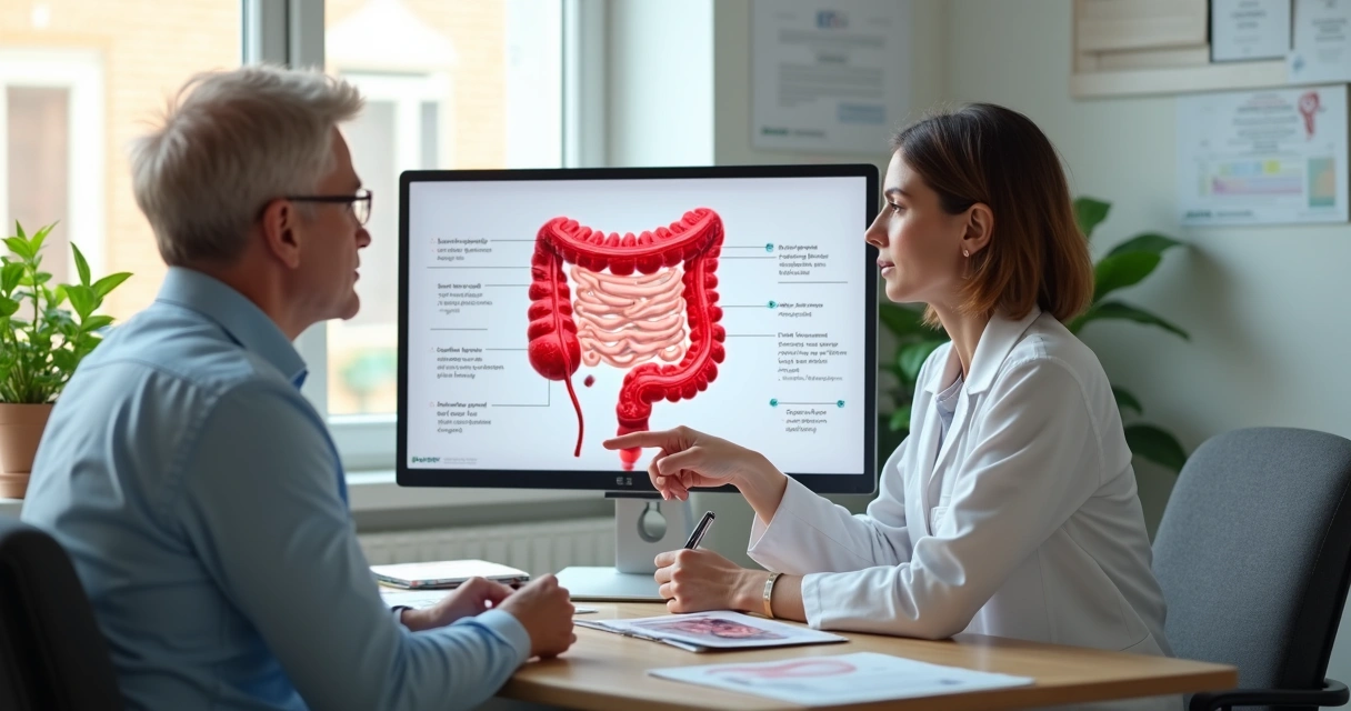 Gastroenterologista explicando colonoscopia a paciente em consultório moderno 