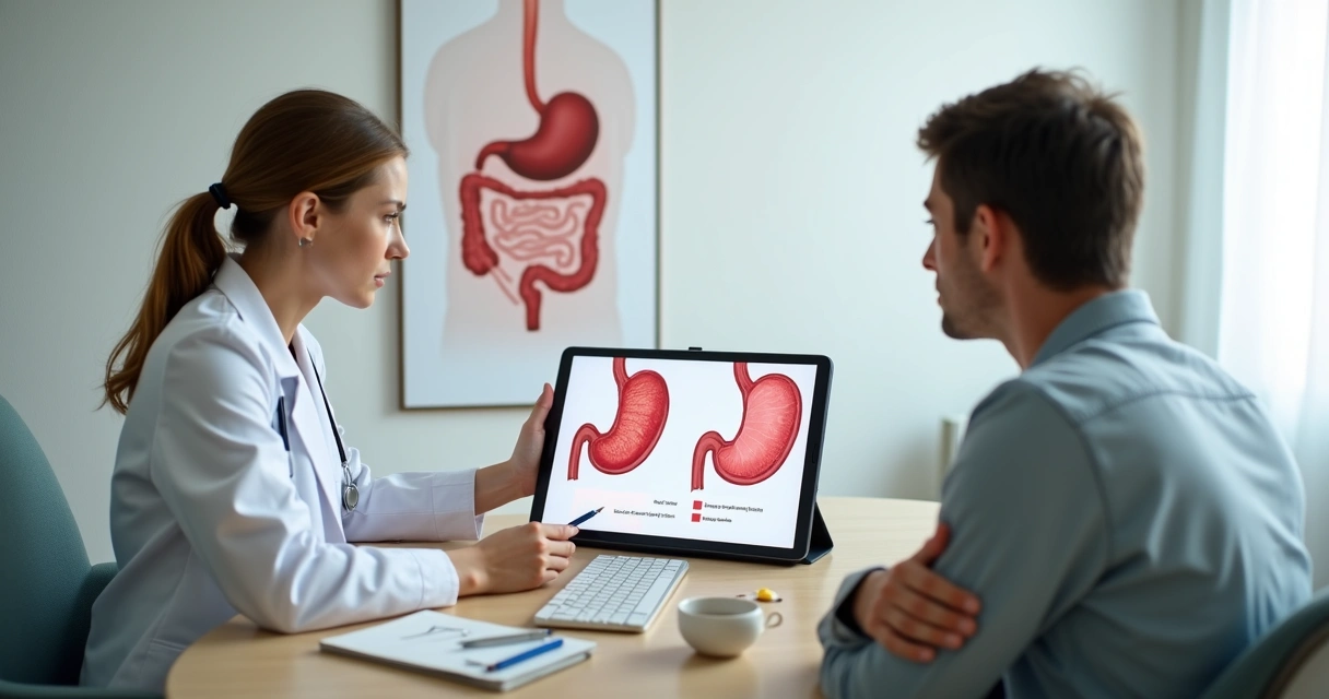 Gastroenterologista mostrando ilustração do estômago ao paciente em consultório 