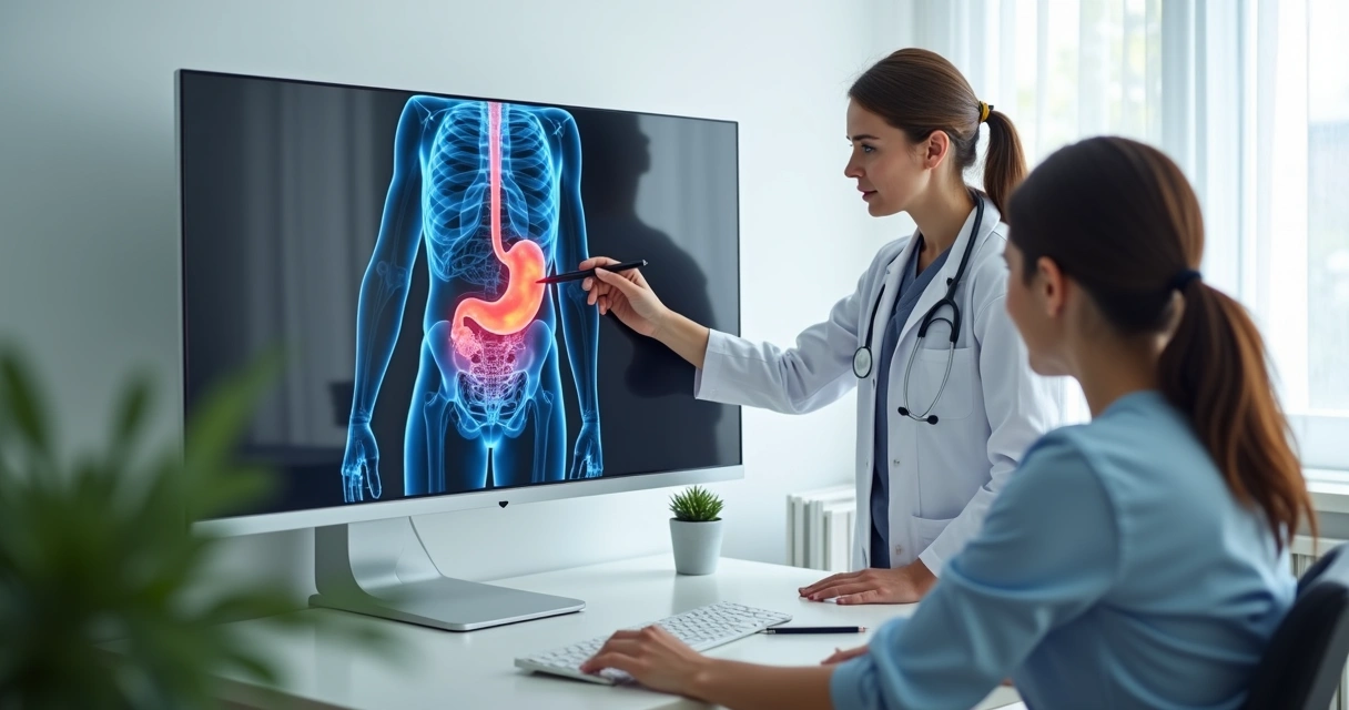 Médica mostrando ilustração de câncer de estômago em monitor para paciente 