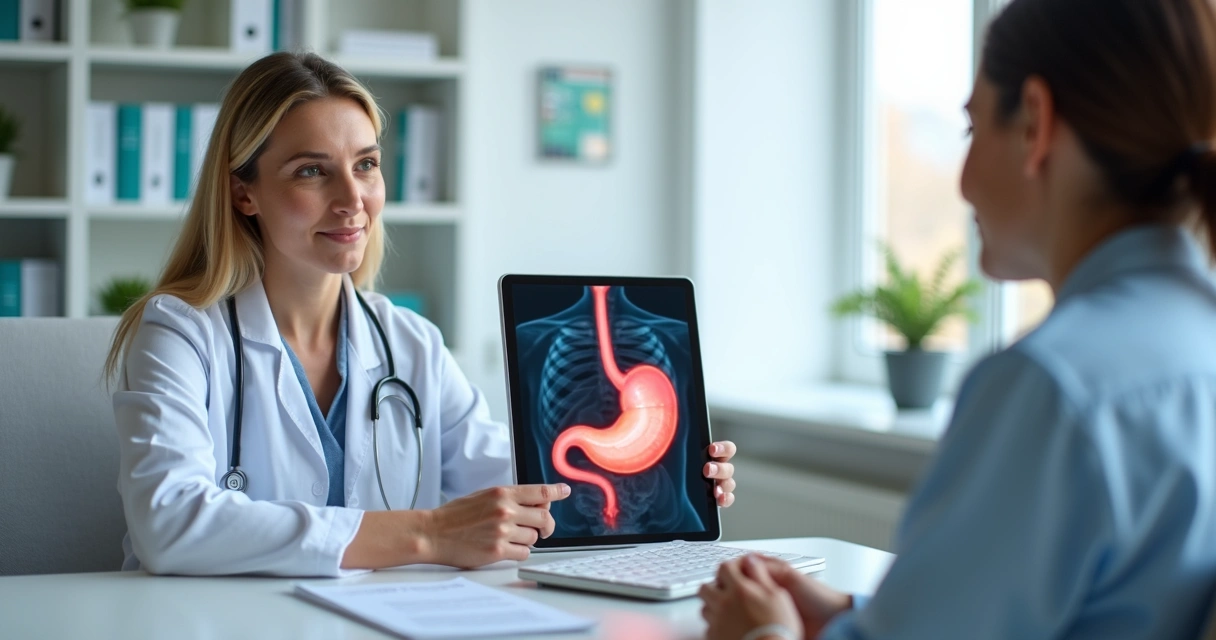 Médica explicando câncer de estômago a paciente com ilustração do sistema digestivo 